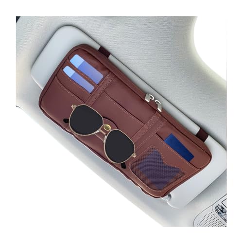 Car Sun Visor Organizer, Multi-Pocket Leather Vehicle Visor Storage Pouch & Sunglasses Holder, Auto Interior Document Card Holder with Double Zipper, Universal for Truck SUV Sedan (Brown) - color: Brown