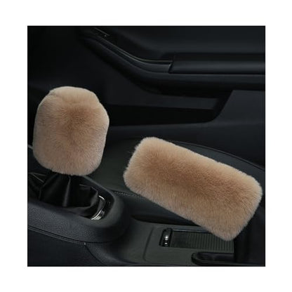 Ziciner 2PCS Plush Car Gear Shift Knob Cover & Handbrake Cover, Comfortable Anti-Slip Auto Shift Knob Protector, Fluffy Warm Hand Brake Handle Cover, Car Accessories (Light Brown) - color: Light Brown