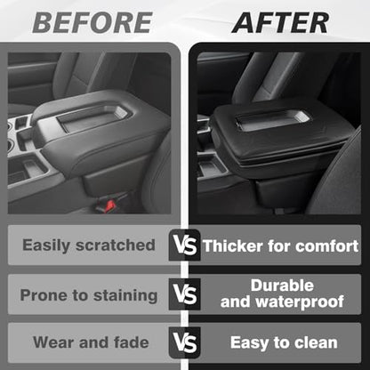 Muslogy Center Console Armrest Cover Fit for Chevy Silverado & GMC Sierra 2019-2026 Accessories, Comfort Armrest Pad Console Lid Cushion Vegan Leather 1-Inch Extra Thick(Split Bench Seat Console ONLY) - size: 1) 19-25 |Silverado & Sierra| Jump Seat, +Thic