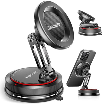 SYNCWIRE for MagSafe Car Mount [2-Axis Design] Nano Adhesive Gel + Suction Cup Magnetic Phone Holder for Dashboard & Windshield, 360° Adjustable for iPhone 17 16 15 14 13 12 11, Samsung, Carbon Fiber - style: 2-Axis | Carbon Fiber