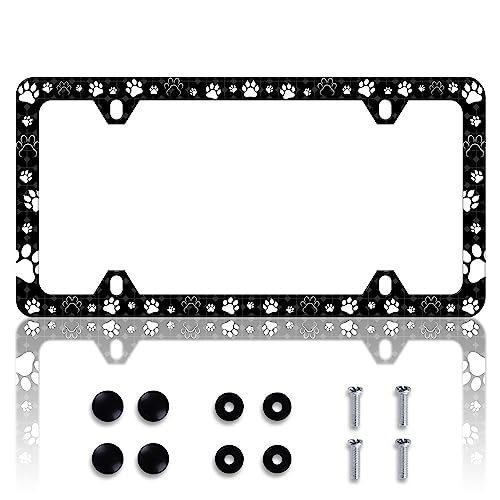 Dog Cat Paw License Plate Frame Pet License Plate Frames Personalise Stainless Steel Funny Design Compatible with Standard License Plate Holder for USA and Canada 6 X 12 with Screws - color: Dog Cat Paw