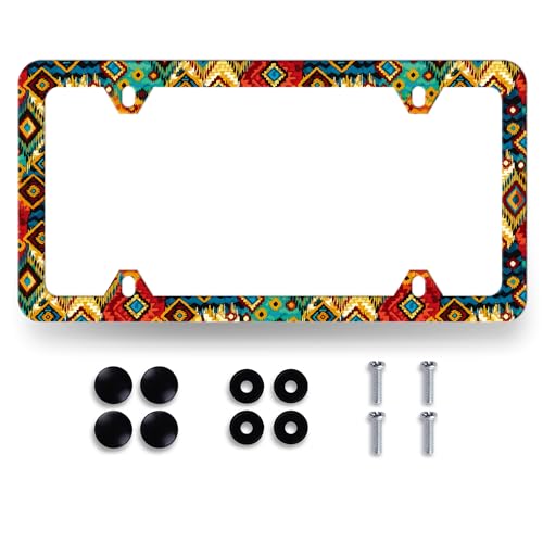 Colorful Ethnic Tribal Texture License Plate Frame Boho Hand Drawn License Plate Holder Stainless Steel Car Accessory Funny License Plate Decoration Size 12.2" x 6.2" with Screws - color: Colored Ethnic Tribal Boho Texture