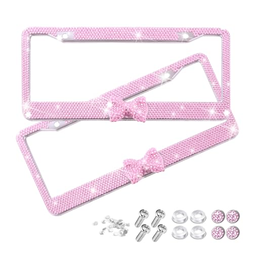 Bling Car License Plate Frame for Women, 2PCS Crystal Rhinestone Stainless Steel Vehicle Plate Holder, Glitter Diamond Sparkly Auto Plate Tag Cover Accessories, Universal Fit (Pink/Pink Bow) - color: Pink/Pink Bow