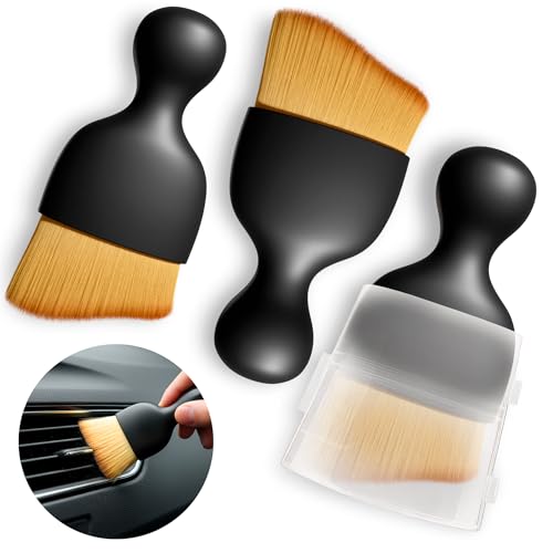 3Pcs Auto Detailing Brushes Set – 2.29" x 3.98" Car Cleaning Brush Interior with Curved Soft Nylon Bristles, Waterproof Plastic Handle, Transparent Storage Case - for Dashboard, AC Vents & Console