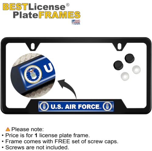 [Officially Licensed Product] - Stainless Steel Matte Black CAR 2-Hole Standard Size - Domed Custom-Made Corrosion-Resistant License Plate Frame with US Air Force Design & Free caps - (Qty: 1 Frame) - size: U.S. Air Force - Style 1