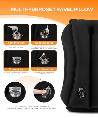 Sunany Travel Pillow, Upgraded Plane Pillow for Long Flights, Inflatable Neck Pillow Used for Airplanes,Cars,Buses,Trains,Office Napping with Eye Mask,Earplugs (Black) - color: Black (Head Heart-shape&sloping Base)