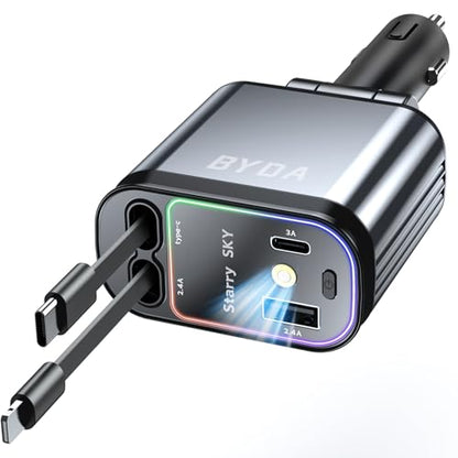 4 in 1 Retractable Car Charger with Starry Light,69W Cigarette Lighter Charger,USB C Fast Car Charger for iPhone 17 Pro Max 16 15 14 13 12 11 (Lightning+USB-C & PurpleLight) - size: Lightning+USB-C & PurpleLight