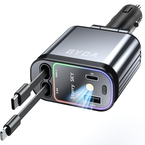 4 in 1 Retractable Car Charger with Starry Light,69W Cigarette Lighter Charger,USB C Fast Car Charger for iPhone 17 Pro Max 16 15 14 13 12 11 (Lightning+USB-C & PurpleLight) - size: Lightning+USB-C & PurpleLight