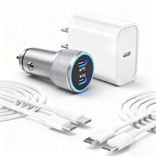 iPhone 17 16 15 Car Charger, 20W Dual Port USBC Fast Car Charger with 20W PD Type C Adapter + 2Pack 3FT USB C to C Charging Cable Fast Charging for iPhone 17/17 Pro/Air/16e/16/15 Pro Max/Airpods/iPad - color: Silver, size: 3.3FT(2Pack C-C)