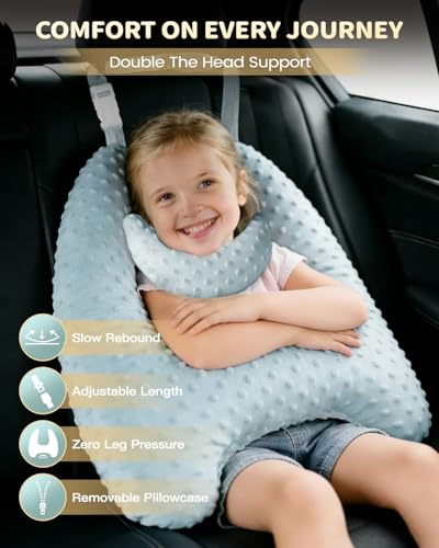 Memory Foam Kids Travel Pillow, Car Pillow for Kids, H-Shape Car Pillows for Sleeping, Removable Pillowcase, Adjustable, Velvet Dots, Blue - color: Velvet Dots Blue
