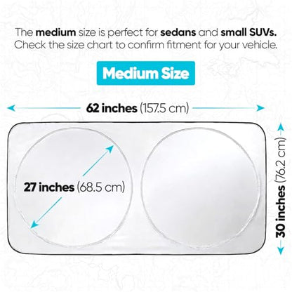 FORTEM Car Sun Shade for Windshield, Reflective Windshield Sunshade, 240T Polyester, Automotive Interior Sun Protection, Ultimate Heat and UV Shield, Foldable, Storage Bag - size: Medium (62" x 30")
