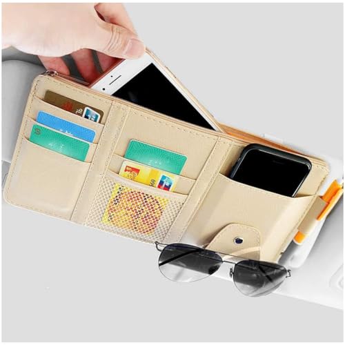 Car Sun Visor Organizer, Auto Car Interior Leather Accessories Storage Pocket Sun Visor Pouch Case Bag for Card License Registration Pen Mobile Phone Bill Note Key Document (Beige) - color: Begie