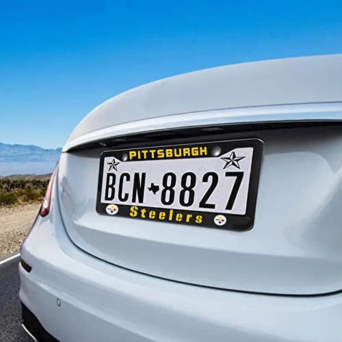 2 Piece License Plate Frames for Steelers Fans, Anti-Dirty and Rustproof Aluminum Alloy License Plate Frames US Standard License Plate Holder with Screw Caps Set (S-Black) - color: S-Black
