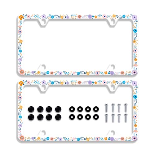 【2Pcs】Colorful flowers License Plate Frame colorful wildflower floral License Plate Frames Stainless Steel Accessories Cars Decor with 4 Holes Screws Fits Standard US CA Vehicles Size 12.2 x 6 Inches - color: 【2Pcs】Colorful flowers