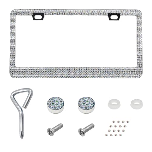 Bling License Plate Frame, Stainless Steel Glitter Crystal Diamond License Plate Cover Holder, Sparkly Bedazzled Rhinestone Car Tag Covers for Women, Car Accessories (AB) - color: AB, size: 1PCS