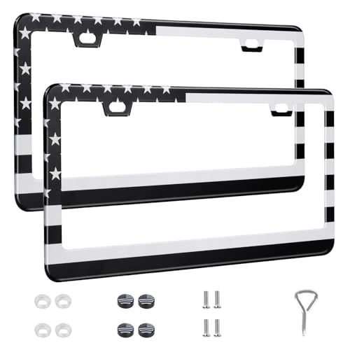 QUANQIUFEI 2 Pack License Plate Frames, Stainless Steel Car License Plate Cover Car Accessories with Screw Caps (Grey and Black) - color: Grey and Black