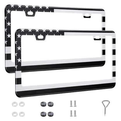 QUANQIUFEI 2 Pack License Plate Frames, Stainless Steel Car License Plate Cover Car Accessories with Screw Caps (Grey and Black) - color: Grey and Black