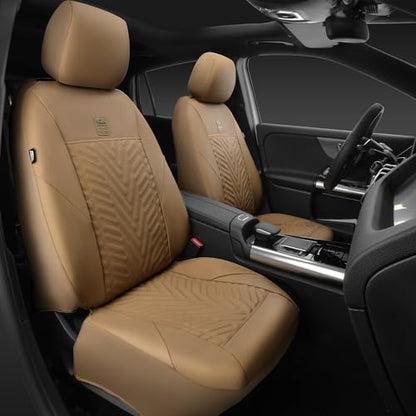 CAR PASS Faux Leather Car Seat Covers, 3D Tyre Embossed Waterproof Universal Fit 5 Seat Covers for SUV, Automotive Truck, Scratch Proof, Airbag Compatible (Deluxe Full Set, All Beige) - color: All Beige
