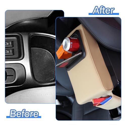 PU Leather Armrest Cushion with Cup Holder, Car Center Console Pad with Front Storage Pocket, Elbow Rest Pillow, Universal Car Armrest Seat Box Cover Protector - Beige - color: Beige