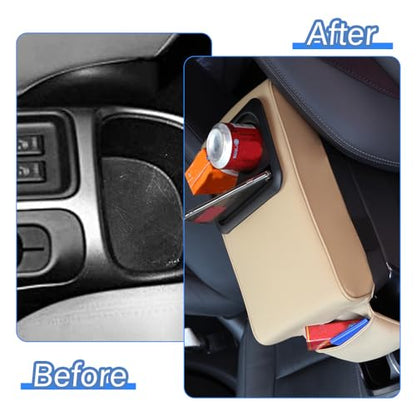 PU Leather Armrest Cushion with Cup Holder, Car Center Console Pad with Front Storage Pocket, Elbow Rest Pillow, Universal Car Armrest Seat Box Cover Protector - Beige - color: Beige