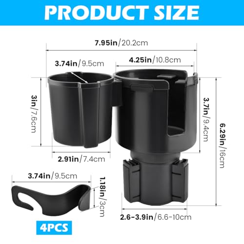 1 Pack Car Cup Holder Expander 2 in 1 Adapter with Expandable Base, Car-Seat Headrest Hook 4 Pack Hanger Storage Organizer fit Universal Vehicle Car