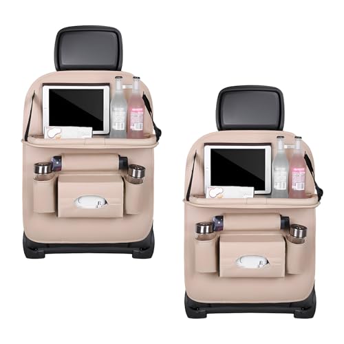 2PCS Car Backseat Organizer, Leather Multi-Pocket Seat Back Protector with Foldable Table Tray, Multifunctional Vehicle Storage Organizer Kick Mat for Kids Toddler Travel (Beige) - color: Beige