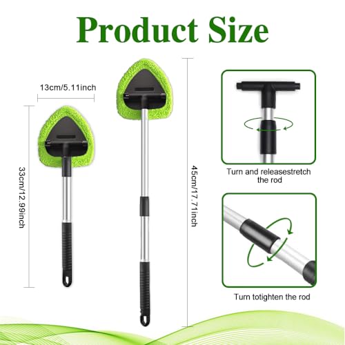 Windshield Cleaning Tool, Car Window Cleaner with 4 Washable Reusable Microfiber Pads, Auto Interior Exterior Extendable Long Handle Glass Wiper Cleaning Kit Universal for Office and Home (Green) - color: Green