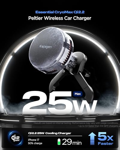 Spigen Cryomax MagFit Qi2.2 25W MagSafe Car Mount Wireless Charger [Ultra-Fast Charging Function w/Active Peltier Cooling] (Requires 45W Charging Adapter) Compatible with iPhone 17 16 15 14 13 Series - size: 25W Qi 2.2 Peltier Cooling