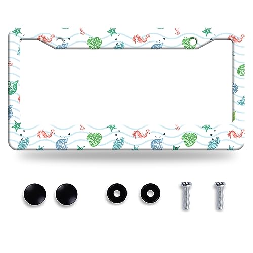Seashell Sketch White and Blue Wave License Plate Frame License Plate Stainless Steel Auto Parts Funny License Plate Decorative with Screws Size 12.3" x 6.3" - color: Seashell Sketch White And Blue Wave