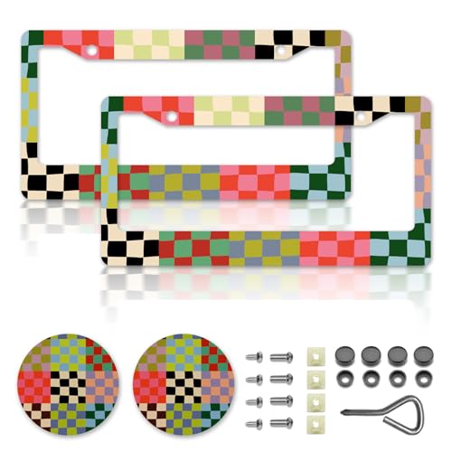 Checkered License Plate Frames，Checkered Car Accessories for Women，Cute License Plate Holder，Aluminum License Plate Frame Fits Standard US Vehicles Size 12.2 x 6 Inch (Multicolor-2pcs) - color: Colorful Retro Checkered