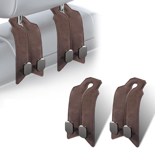 2Pcs Car Headrest Hooks with Premium Leather, Upgraded Double Metal Hooks with Anti-Drop Design, Universal Back Seat Hanger for Bags, Coats, Purses and Groceries (Classic Brown) - color: Classic Brown 2Pcs