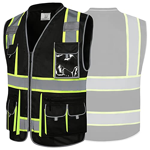 JKSafety 10 Pockets Hi-Vis Zipper Front Black Safety Vest Meets ANSI/ISEA Standards (Medium, 89-Black) - color: Blackt1s1, size: Medium