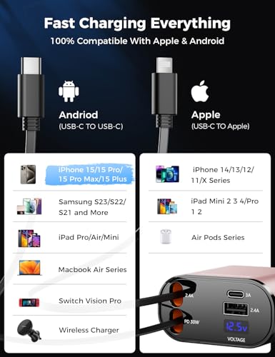 SUPERONE 【Upgraded】 Retractable Car Charger 4 in 1, Fast Car Phone Charger with Cord 2.6ft, USB C Car Charger Adapter, Compatible with iPhone 17/16/15/15 Pro Max/14/13/12/11, Galaxy, Pixel - color: Pink