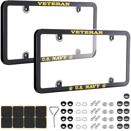 Navy Veteran Style License Plate Frame 2 Pack, 4 Hole Black Stainless Steel Car Tag Frames with Complete Hardware Kit & Anti-Rattle Pads, Patriotic Military Vet License Plate Covers - color: Yellow-1