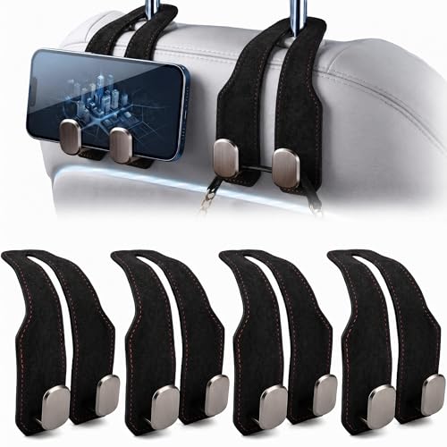 4PCS Headrest Hooks for Car - Suede Car Seat Hooks for Purses and Bags, Universal Car Organizers and Storage with Double Zinc Alloy Hook for Coat Phone Grocery (Black) - color: Black