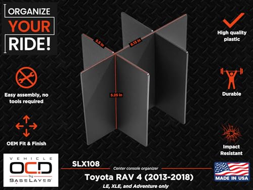 Vehicle OCD - Center Console Organizer for Toyota RAV4 (LE, XLE, Adventure ONLY) (2013-2018) - Made in USA - SLX108 - size: 2013-2018
