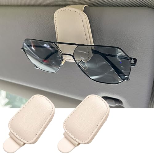 GoldenLife Sunglass Holder for Car, Magnetic Leather Sunglasses Holder and Ticket Card Clip, Car Visor Accessories, 2 Packs（Beige）