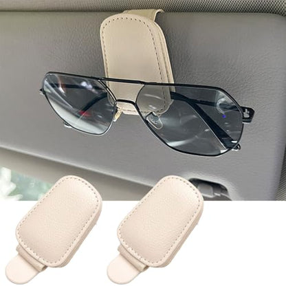 GoldenLife Sunglass Holder for Car, Magnetic Leather Sunglasses Holder and Ticket Card Clip, Car Visor Accessories, 2 Packs（Beige）