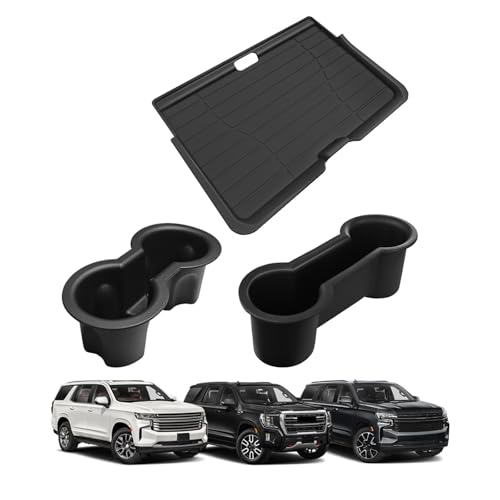 Muslogy Front Center Console Organizer & Cup Holder Inserts Compatible with 2021-2024 GMC Yukon Chevy Tahoe Suburban Accessories Front & Rear Silicone Drink Holder 2PCS & Middle Console Removable Lid - color: Black, size: 21-24 Cup Holder Inserts & Front