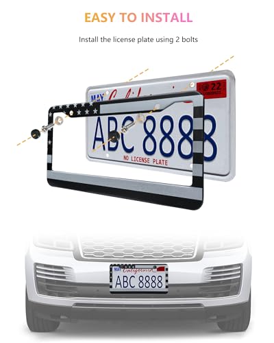 American Flag License Plate Frames - 2 Pack Black Stainless Steel Patriotic USA Car Tag Frame with UV-Printed Flag & 3D Metal Decals - style: Grey-Stainless steel-Wide