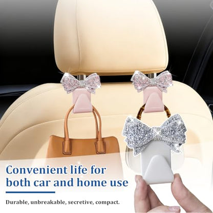 2PCS Bling Bow Car Seat Headrest Hook, Lovely Crystal Rhinestone Back Seat Storage Organizer for Handbag Purse Coat, Girly Sparkling Diamond Backseat Bag Hanger Holder, Universal Fit (Pink) - color: Pink