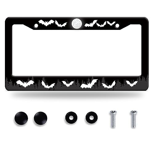 Bat and Full Moon License Plate Frame License Plate Stainless Steel Auto Parts Funny License Plate Decorative with Screws Size 12.3" x 6.3" for Men Women - color: Bat and full moon