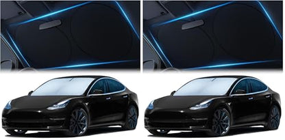 Magnelex Tesla Windshield Sun Shade (Model 3/Y), Reflective Polyester Blocks Heat & Sun, Foldable Car Window Sun Blocker, Mirror Cut-Out, Fade-Resistant Sunshade, Tesla 3 Accessories (Pack of 2) - size: MODEL 3/Y (Pack of 2)
