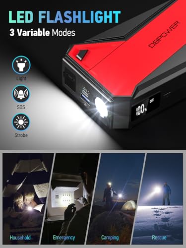 DBPOWER Peak 3000A 18000mAh Portable Car Jump Starter (up to 8.0L Gas, 6.0L Diesel Engine) Battery Booster with Smart Charging Port, Compass, LCD Screen and LED Light (Black/Red)