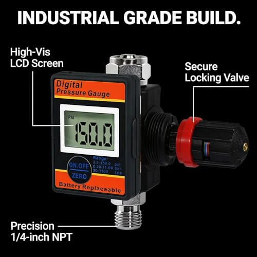 LE LEMATEC Digital Air Pressure Regulator with Locking Valve for Air Slip Prevention, 1/4 NPT Inline Airflow Regulator Up to 160 PSI for Air Compressor, HVLP Spray Paint Gun & Pneumatic Tools (DAR03B) - style: Locking Valve Version