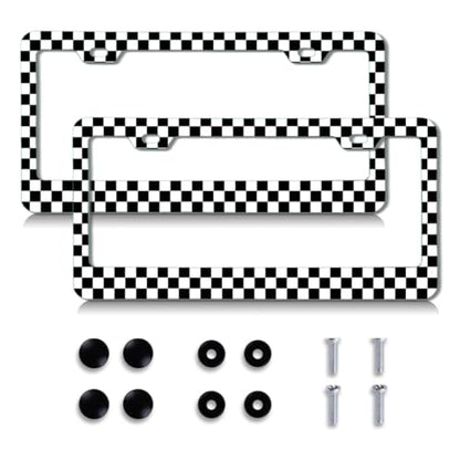 2pcs License Plate Frame Black White Check Pattern Aluminum Alloy License Plate Covers Comes with Screw caps Cover Set - color: Black white check