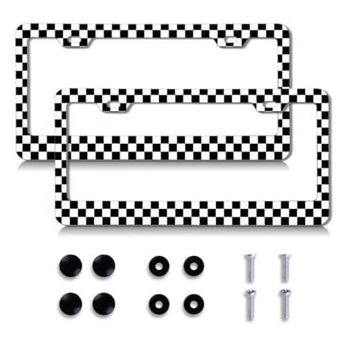 2pcs License Plate Frame Black White Check Pattern Aluminum Alloy License Plate Covers Comes with Screw caps Cover Set - color: Black white check