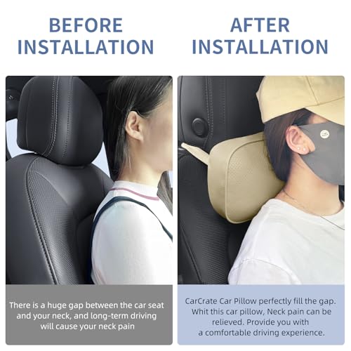 Car Neck Pillow for Headrest, 2 Pack PU Leather Car Headrest Pillow for Neck Support, Super Soft Ergonomic Du-Pont Bio Cotton Travel Pillow with Adjustable Strap (Beige, Shaped Style) - color: Beige1