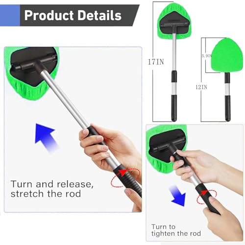 desin Windshield Cleaning Tool, Car Window Cleaner Windshield Cleaner with 4 Reusable and Washable Microfiber Pads and Extendable Handle Auto Inside Glass Wiper - color: Dark green