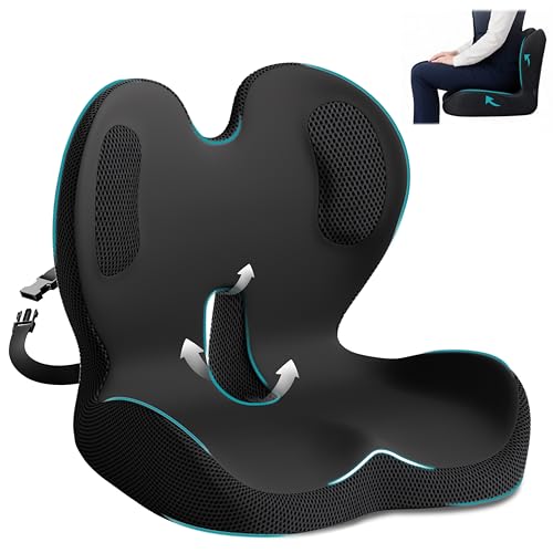 Memory Foam Seat Cushion,Office Chair Cushion with Lumbar Support,L-Shape Ergonomic Cushions with Strap,Non-Slip Sciatica,Hemorrhoids, Tailbone Pain Relief for Office Workers,Driver - color: Black+ice Silk